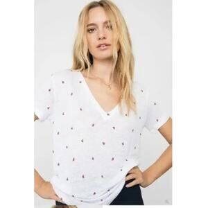 Rails Top Womens Small White Red Cara Strawberry Fields V Neck Tee Linen